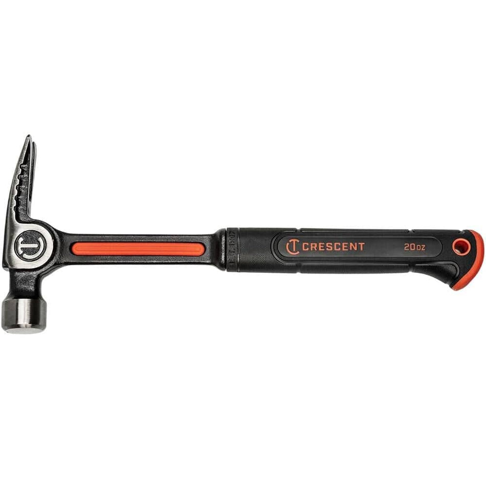 A professional studio profile shot of the Crescent CHSGP20 20 oz steel general purpose hammer featuring a forged ripping claw head, a vibration-dampening alloy steel handle, and a textured ergonomic grip.