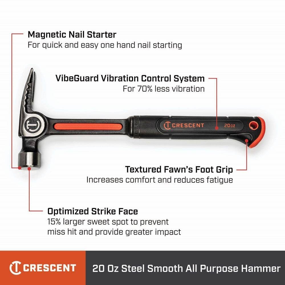 An informational product graphic for the Crescent 20 oz hammer highlighting key features including the magnetic nail starter, the VibeGuard vibration control system for 70% less vibration, an optimized strike face with a larger sweet spot, and a textured fawn's foot grip.
