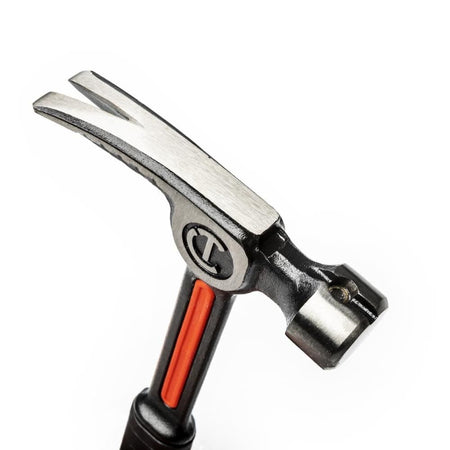 A close-up perspective view of the Crescent general purpose hammer head, showcasing the precision-forged ripping claw and the industrial-strength steel construction designed for heavy-duty framing and demolition.