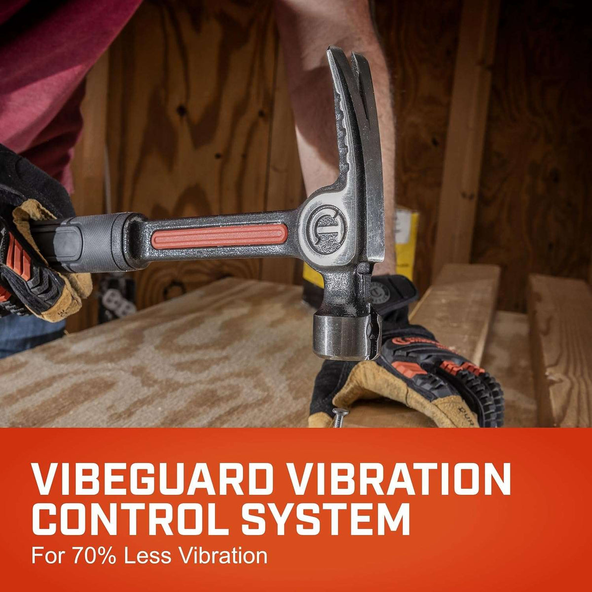 An action-oriented product graphic titled VibeGuard Vibration Control System, showing a professional using the Crescent hammer to strike a nail, illustrating how the dampening technology provides 70% less vibration.
