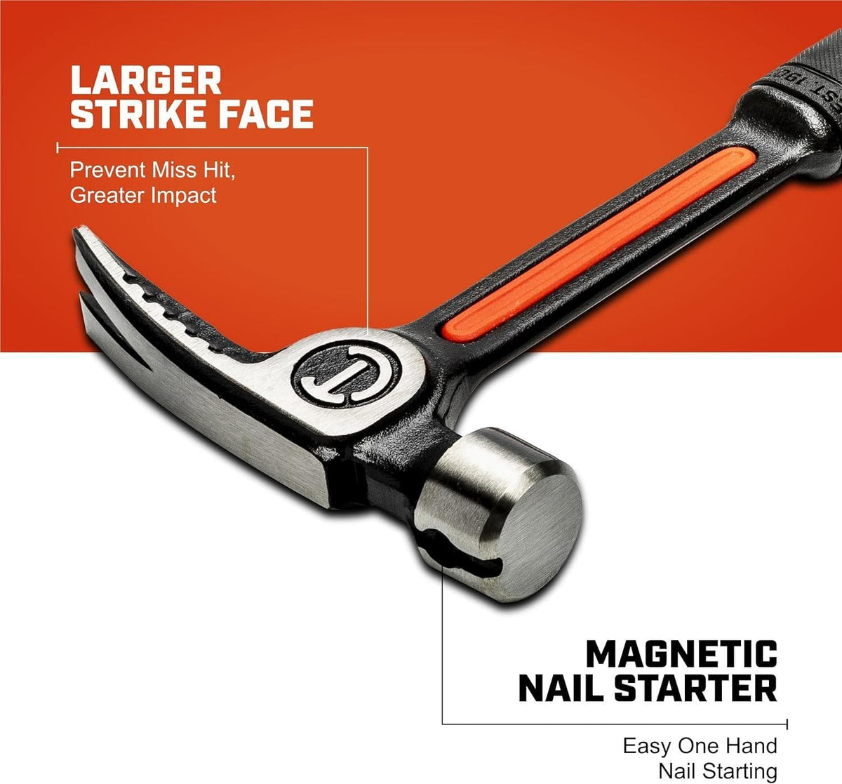 A technical feature graphic highlighting the larger strike face on the Crescent 20 oz hammer to prevent miss-hits and provide greater impact, along with the magnetic nail starter for easy one-handed operation.
