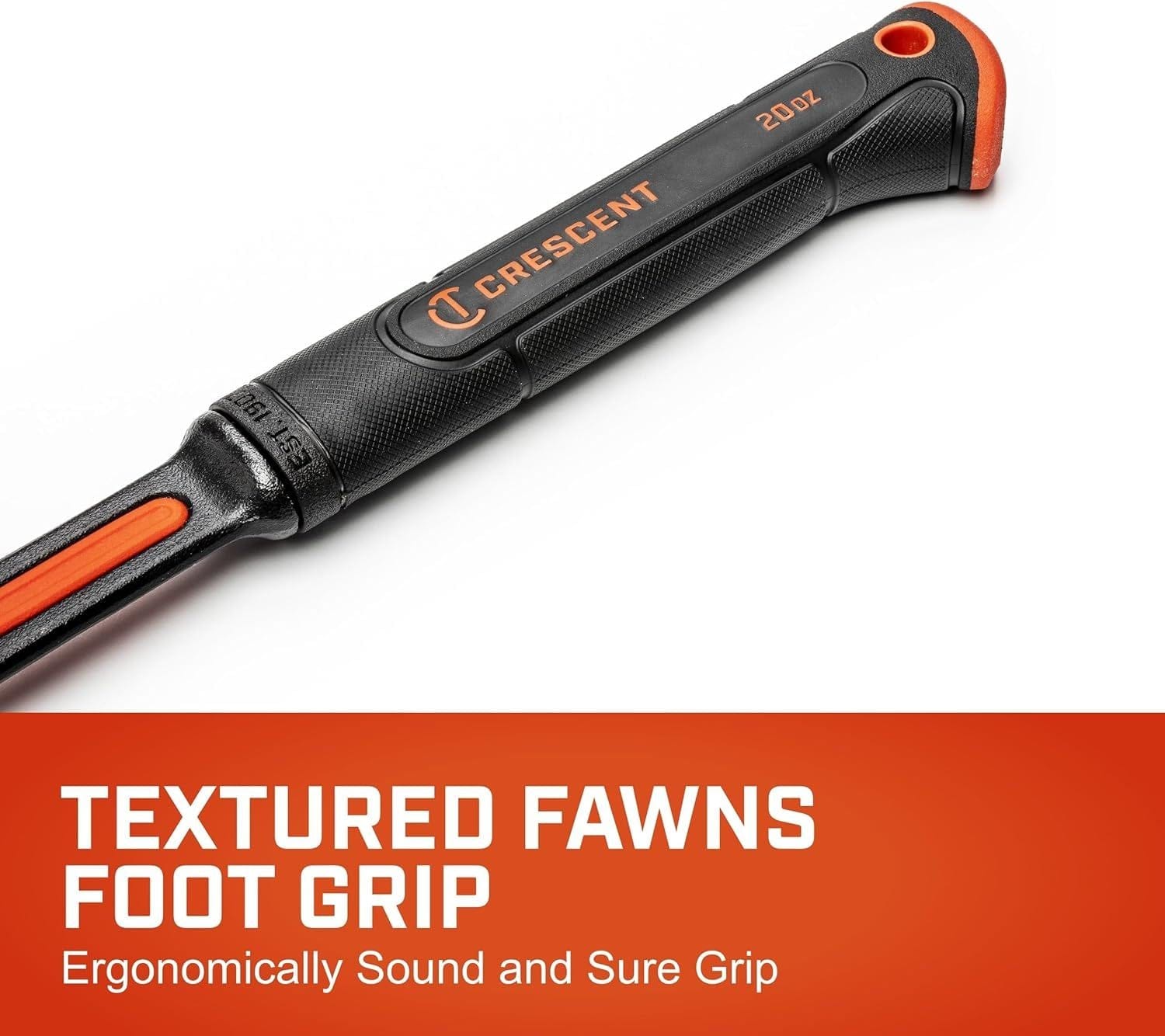 A detail-focused graphic showcasing the textured fawn's foot grip on the Crescent CHSGP20 hammer, emphasizing its ergonomically sound design and sure-grip performance for tradespeople.