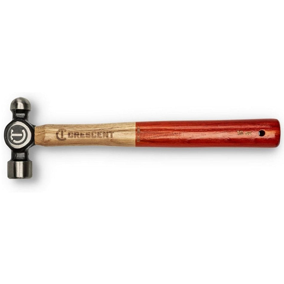 A professional studio profile shot of the Crescent CHWBP16 16 oz ball pein hammer featuring a forged alloy steel head and a genuine hickory wood handle with a dual-tone lacquer finish.