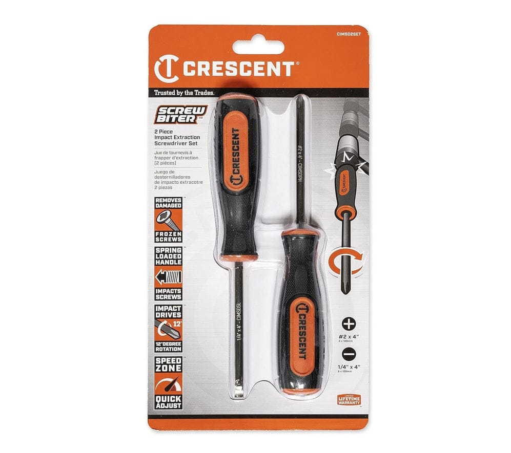 Retail packaging view showing the 2-piece set in a blister pack with icons listing features like "Removes Damaged Frozen Screws" and "Impact Drives 12 Degree Rotation".