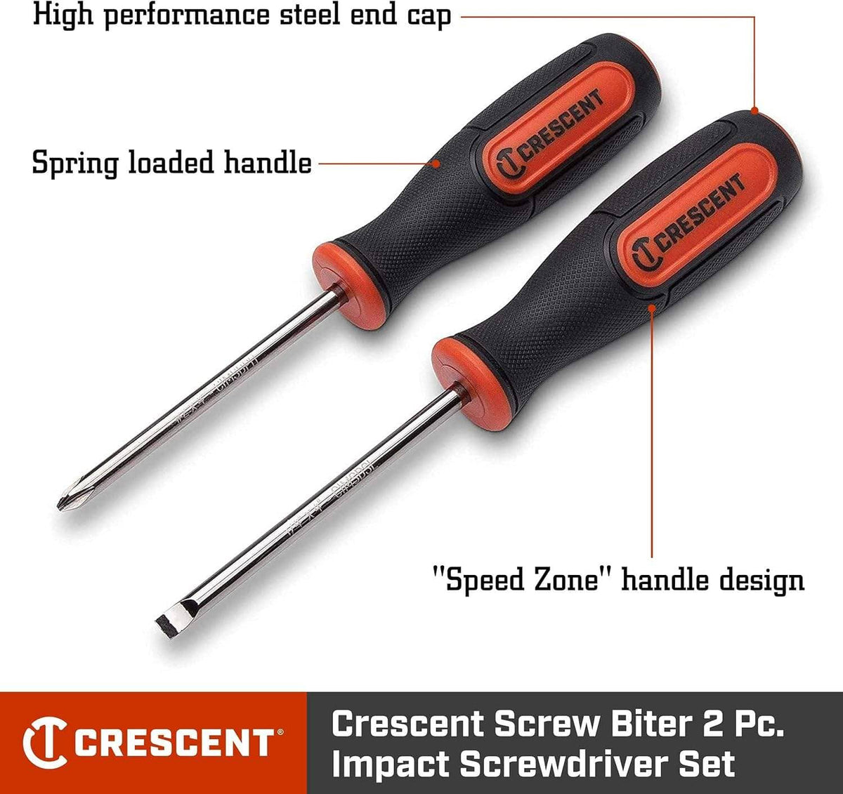 Diagram of the two screwdrivers with lines pointing to features: "High performance steel end cap," "Spring loaded handle," and "Speed Zone handle design".