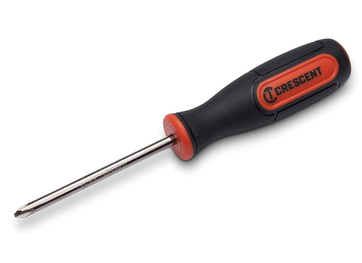 Studio shot of a single Crescent Screw Biter extraction screwdriver featuring a black and orange tri-lobe handle and a chrome shaft with a black oxide Phillips tip.