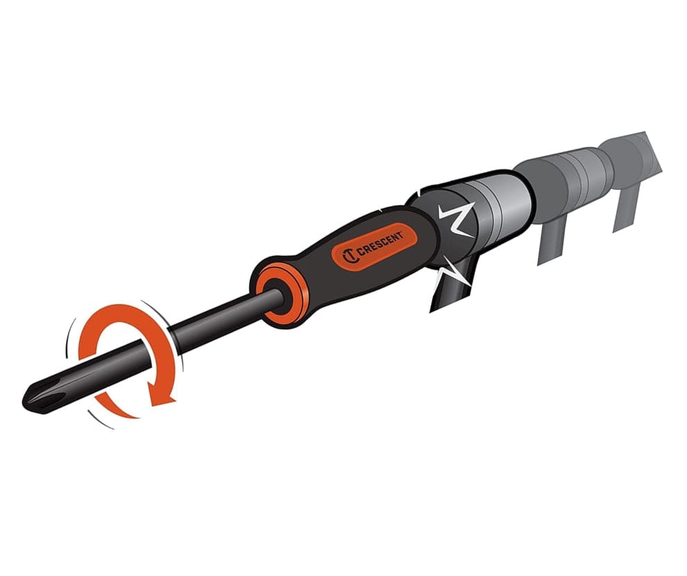 Technical illustration showing the screwdriver engaging a fastener, with arrows indicating the rotational force generated by the impact mechanism.