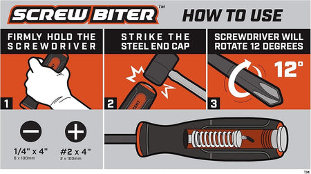 Instructional infographic titled "How To Use" displaying three steps: 1) Firmly hold the screwdriver, 2) Strike the steel end cap, and 3) Screwdriver will rotate 12 degrees.