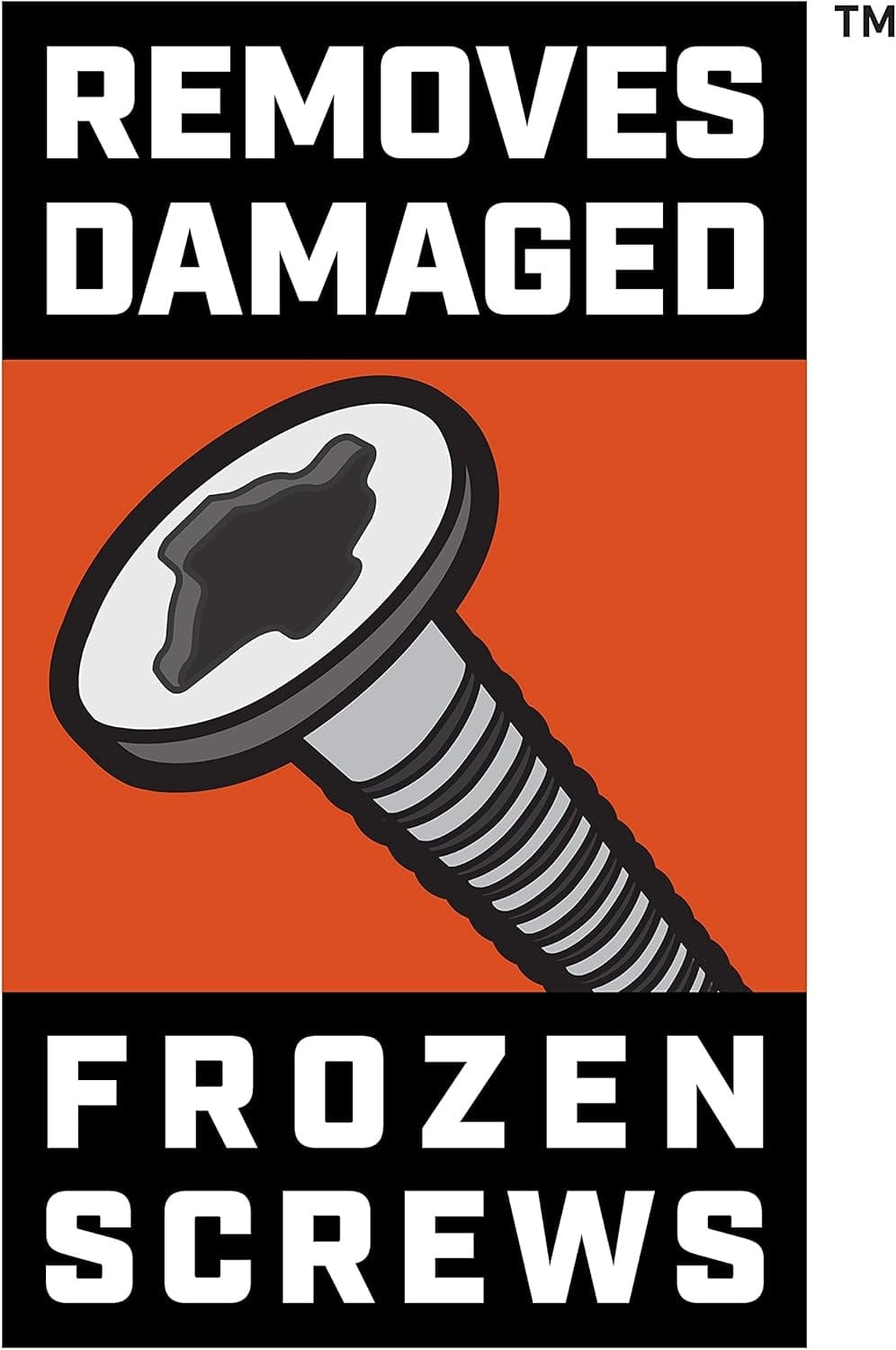 Graphic icon showing a damaged screw head with text "Removes Damaged Frozen Screws" on an orange background.