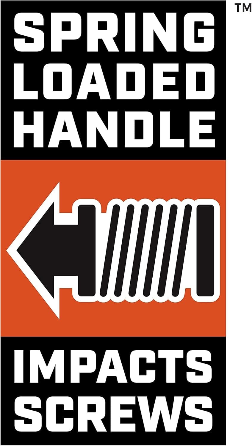 Text graphic reading "Spring Loaded Handle Impacts Screws" with an icon of a spring coil and a directional arrow indicating downward force.