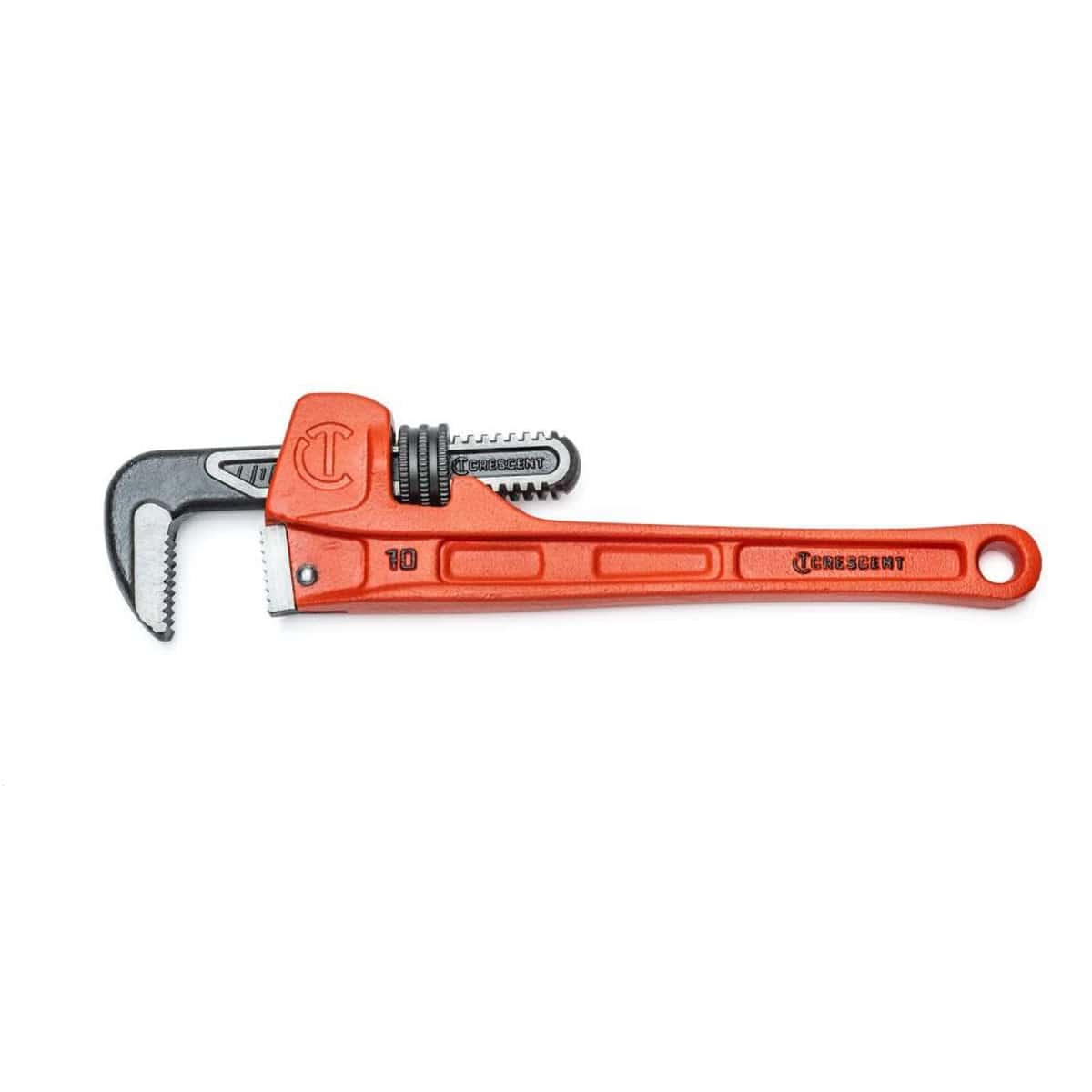 Side profile view of the Crescent CIPW10S 10-inch heavy-duty cast iron pipe wrench featuring the patent-pending Slim Jaw design and a high-visibility orange finish for plumbing and MRO professionals.