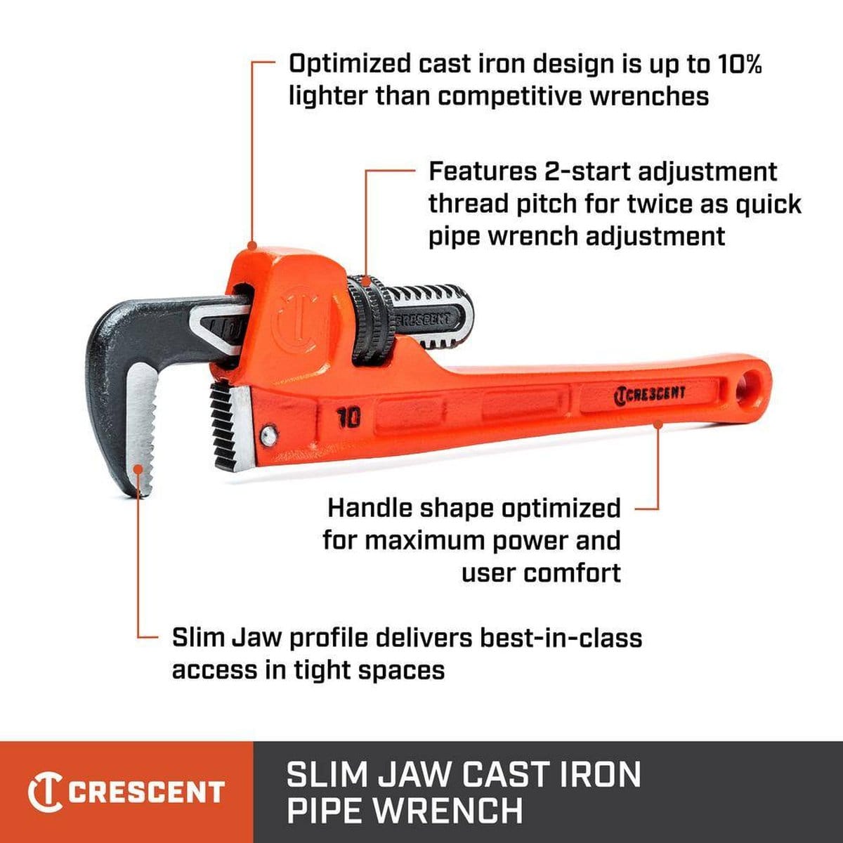 Infographic detailing the professional features of the Crescent 10-inch cast iron pipe wrench, including the 10% lighter optimized design, 2-start adjustment thread pitch, and Slim Jaw profile for 2x better access in tight spaces.