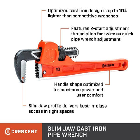 Infographic detailing the professional features of the Crescent 10-inch cast iron pipe wrench, including the 10% lighter optimized design, 2-start adjustment thread pitch, and Slim Jaw profile for 2x better access in tight spaces.