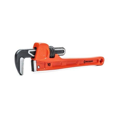 Angled studio view of the Crescent CIPW10S cast iron pipe wrench highlighting the slim head profile and precision-machined adjustment ring for rapid jaw opening.