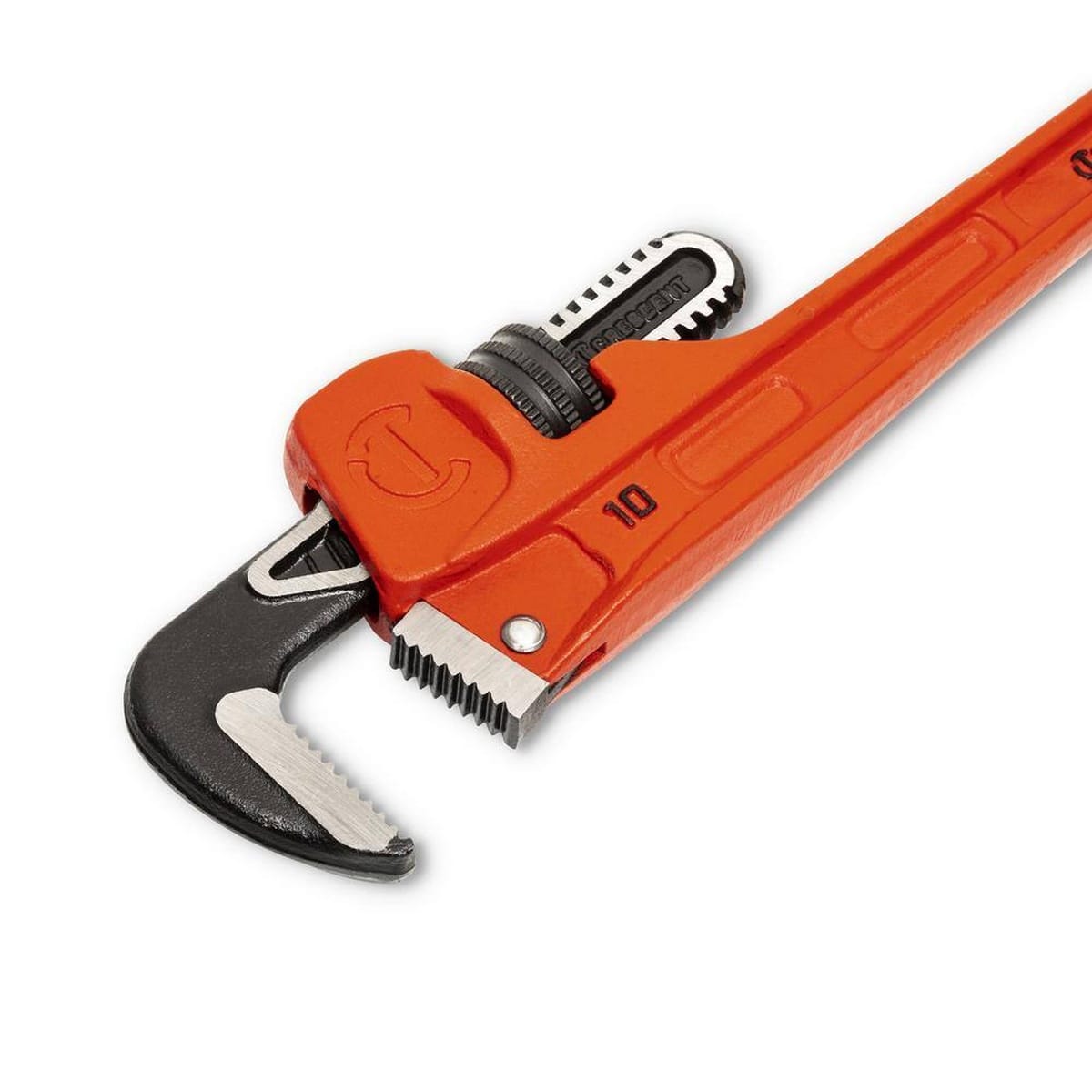 Close-up detail of the Crescent 10-inch heavy-duty wrench showcasing the high-strength jaw teeth and the integrated size scale for accurate pipe diameter pre-setting.