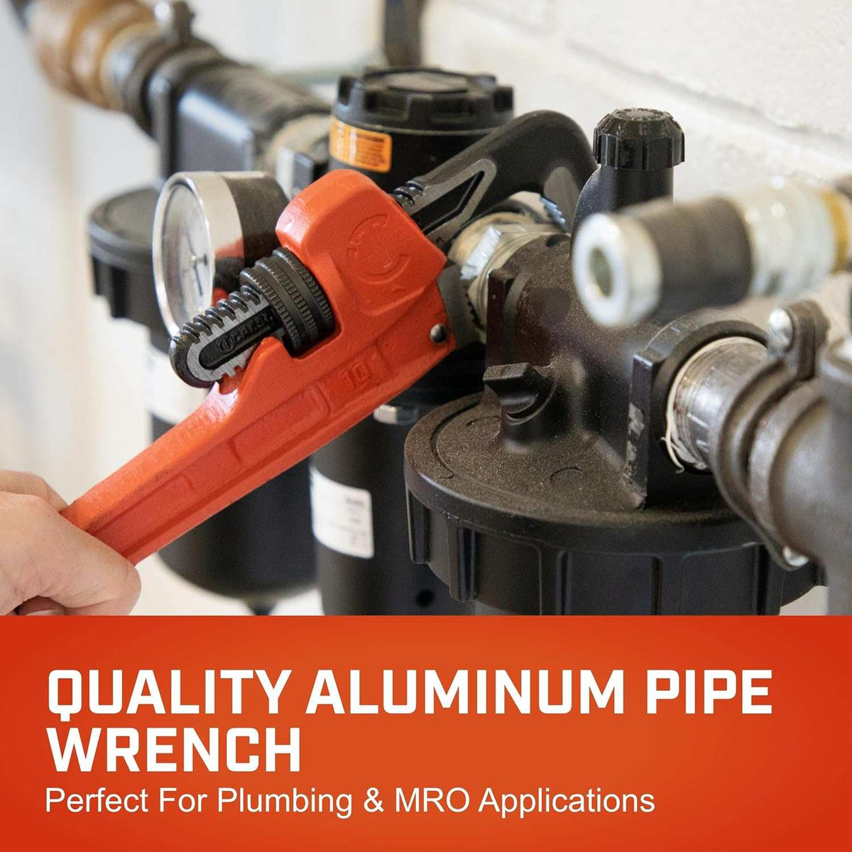 Marketing graphic for the Crescent quality pipe wrench, identifying it as a premium hand tool engineered for professional plumbing and MRO applications in industrial settings.