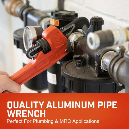 Marketing graphic for the Crescent quality pipe wrench, identifying it as a premium hand tool engineered for professional plumbing and MRO applications in industrial settings.