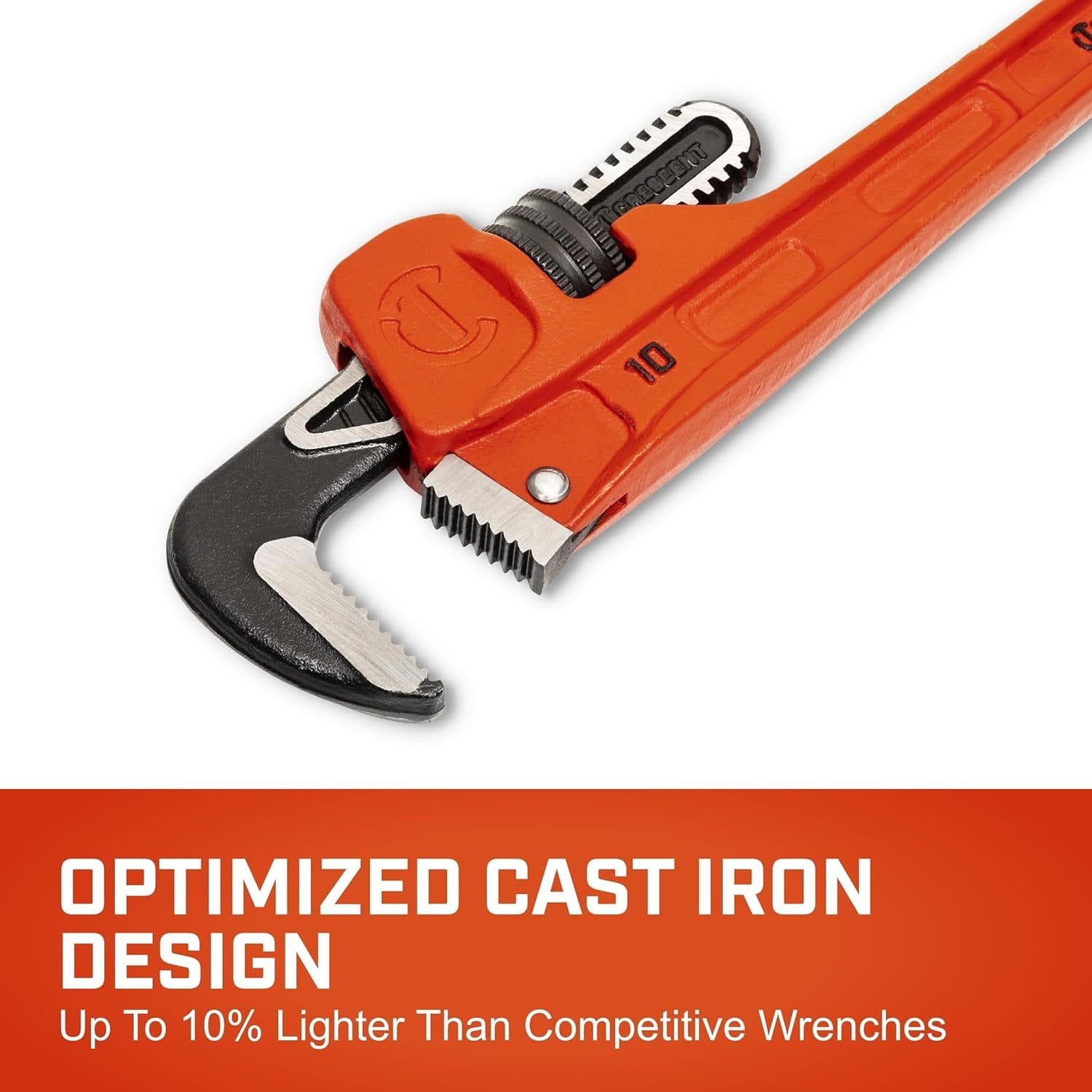 Feature highlight graphic focusing on the optimized cast iron design that is 10% lighter than competitive wrenches to help reduce user arm fatigue during high-torque tasks.