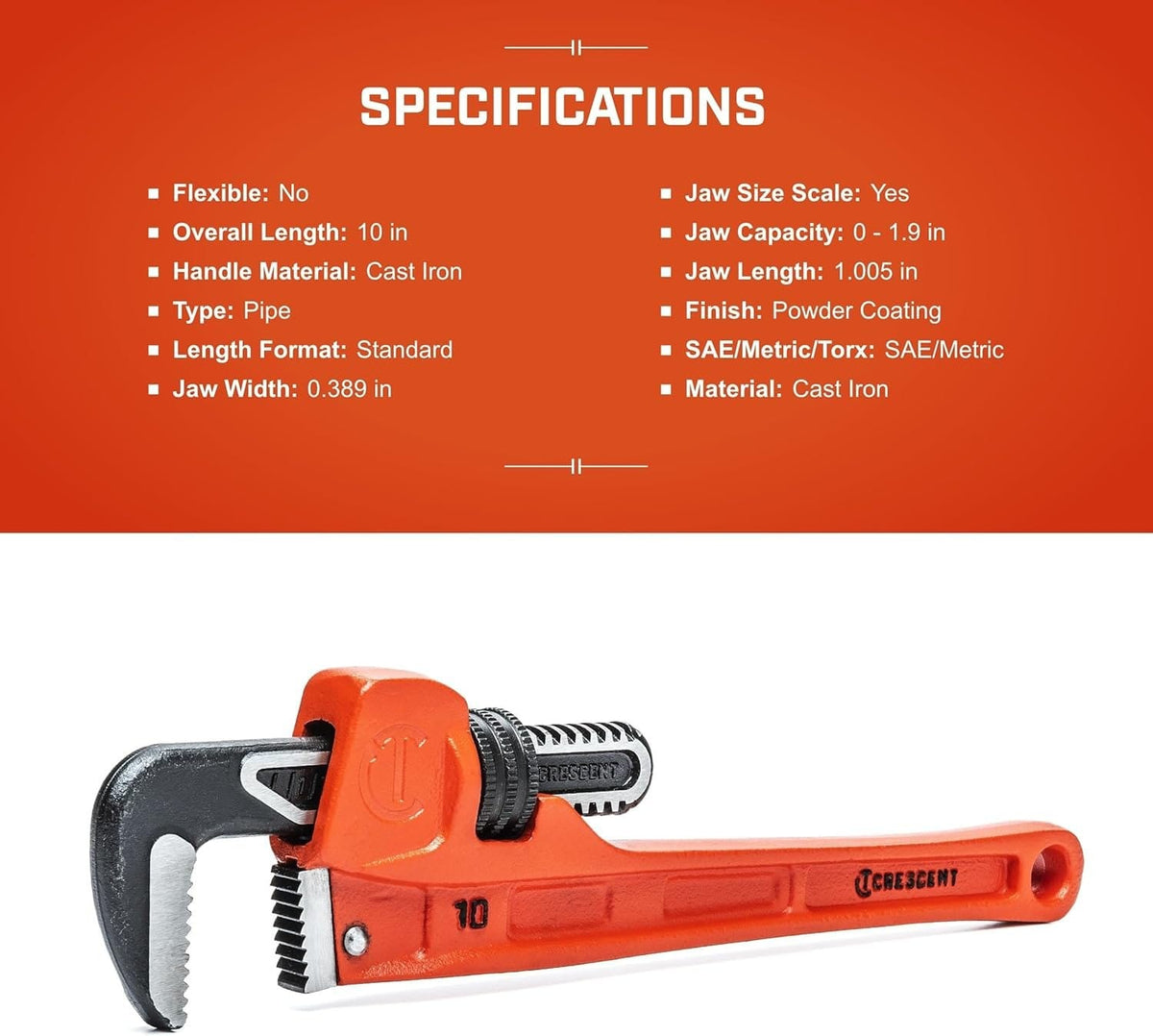 Specifications infographic for the CIPW10S heavy-duty wrench listing technical data such as the 10-inch overall length, 1.9-inch jaw capacity, and cast iron handle material.