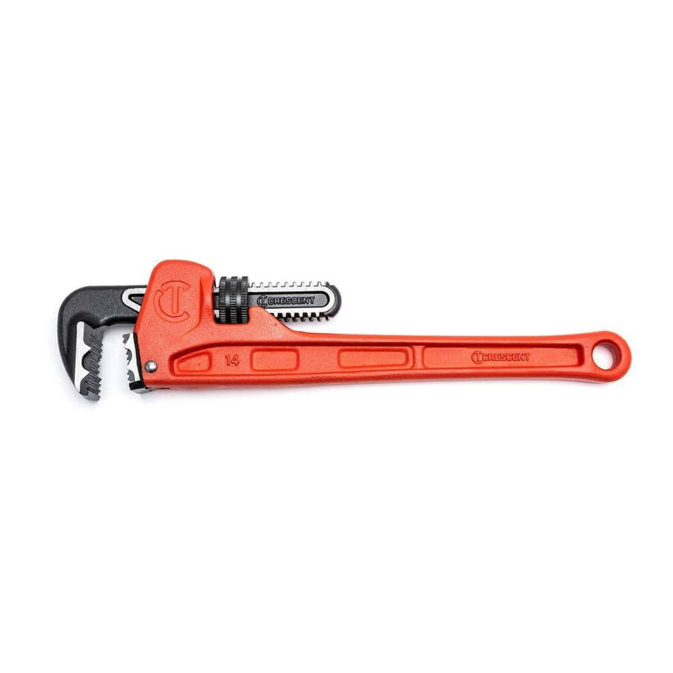 Side profile view of the Crescent CIPW14 14-inch heavy-duty cast iron pipe wrench featuring a high-visibility rawhide finish and patent-pending K9 jaw teeth for professional plumbing and MRO.