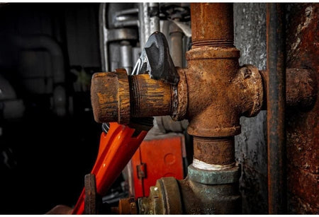 The Crescent CIPW14 heavy-duty wrench applied to a rusted T-junction pipe fitting in a low-light maintenance crawlspace, demonstrating its professional-grade reliability.