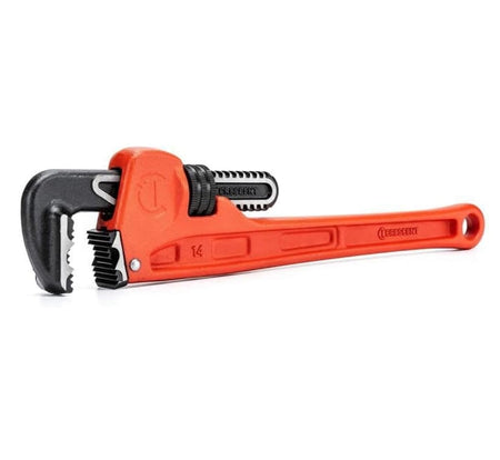 Angled studio view of the Crescent CIPW14 pipe wrench highlighting the aggressive jaw teeth designed for maximum grip and the large adjustment ring for rapid opening.