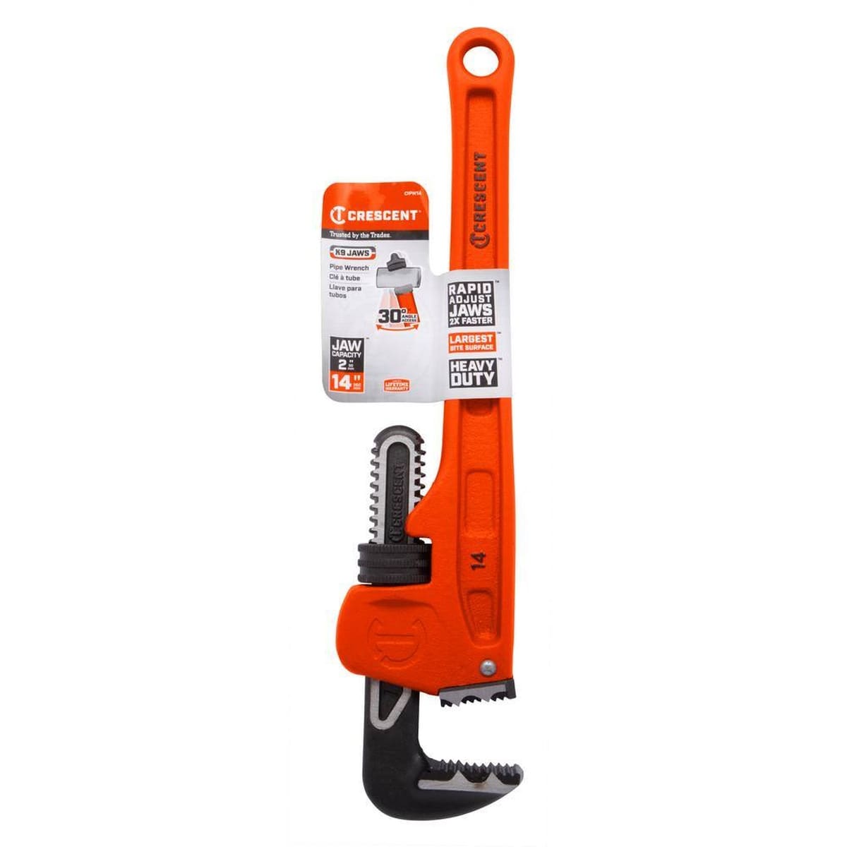 The Crescent 14-inch cast iron pipe wrench in its original retail hanging packaging, showcasing the 2-inch jaw capacity, largest bite surface, and heavy-duty rating.