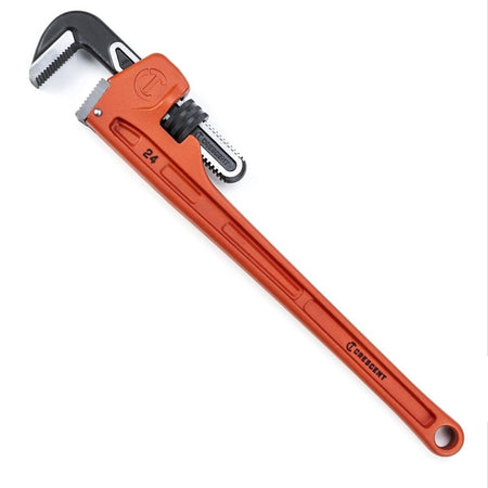 A top-down studio product view of the Crescent CIPW24 24-inch heavy-duty straight pipe wrench, featuring its solid red cast iron handle, steel hook jaw with forged teeth, black metal knurled adjustment nut, and handle hang hole resting on a white background.