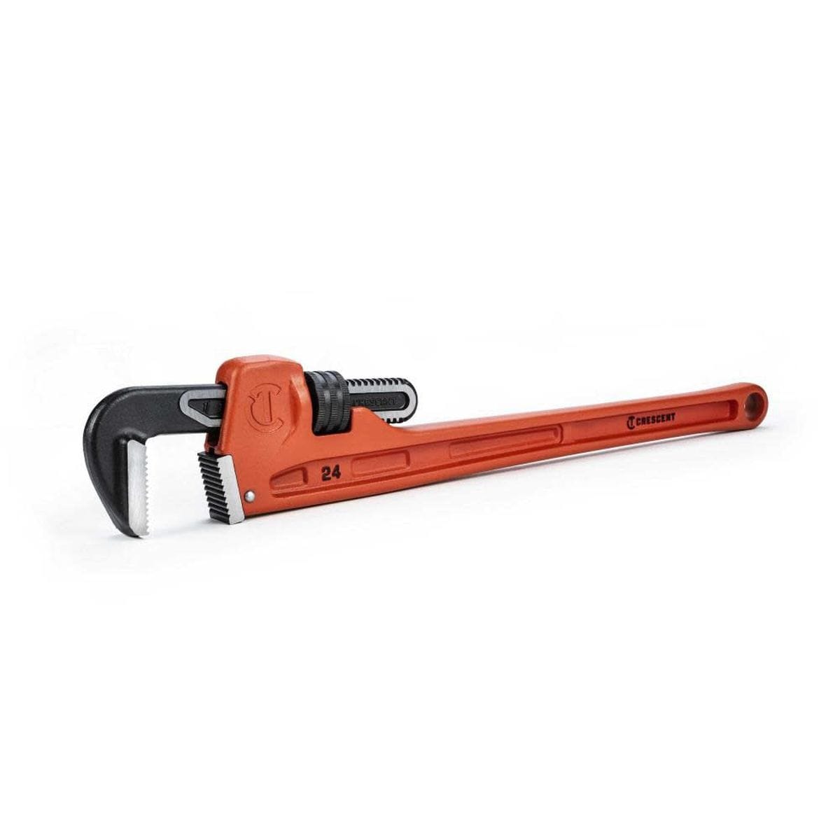 A low-profile studio perspective shot of the 24-inch red cast iron plumbing wrench, detailing the horizontal layout of the straight handle shaft and the open alloy steel hook jaw.