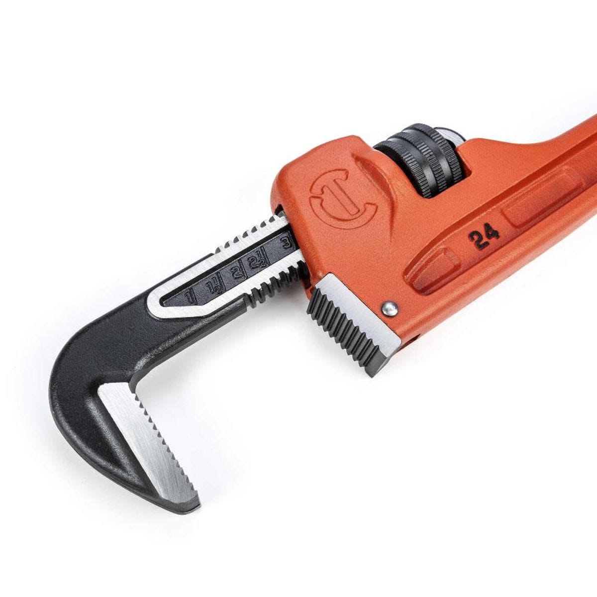 A close-up studio photograph of the Crescent pipe wrench head, showcasing the scannable sizing scale alignment marks stamped onto the black alloy steel hook jaw arm near the 24 model number engraving.