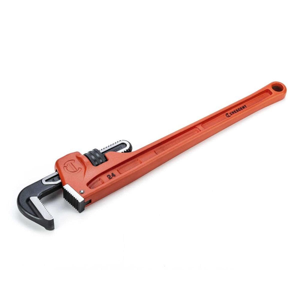 A full-length diagonal studio layout of the red powder-coated Crescent 24" pipe wrench, emphasizing the straight alignment of the ergonomic cast iron handle.