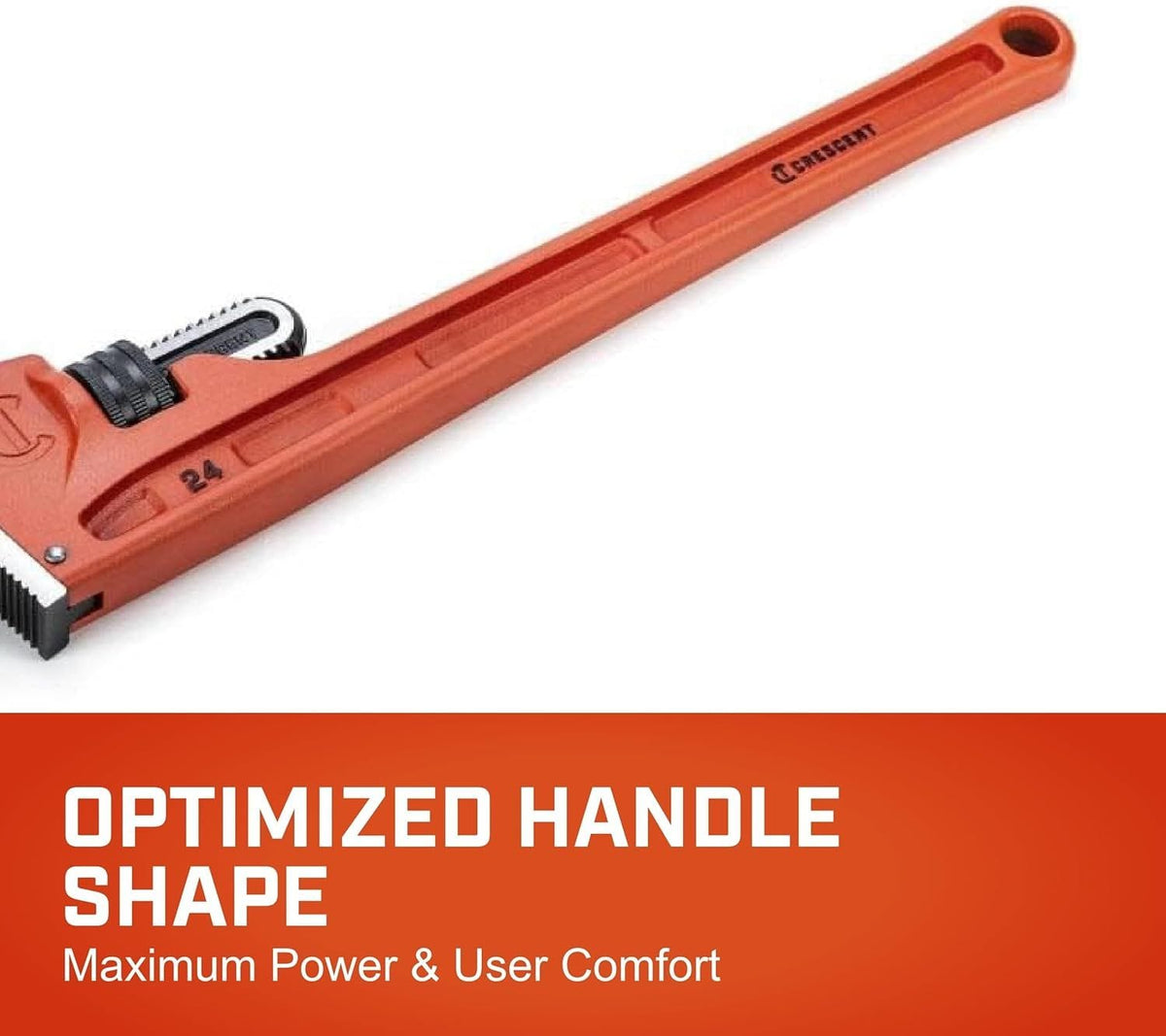 A detailed product feature graphic showing the long straight handle shaft of the wrench, anchored by a vibrant red lower banner with white text that reads Optimized Handle Shape Maximum Power & User Comfort.