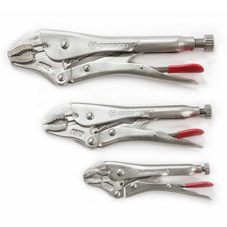 The complete Crescent CLP3SETN-08 3-piece curved jaw locking pliers set with integrated wire cutters, featuring the 10-inch, 7-inch, and 5-inch nickel-plated alloy steel tools arranged on a white background.
