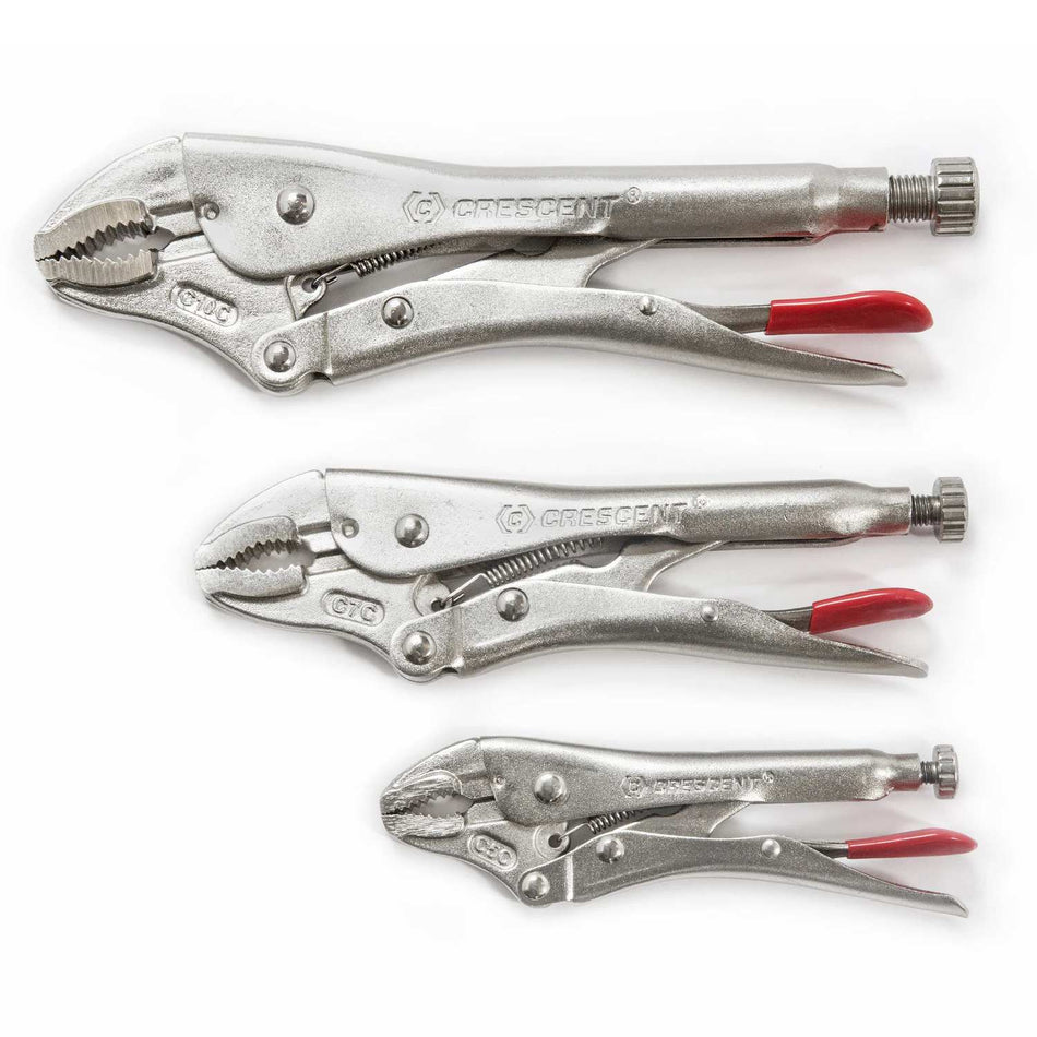 The complete Crescent CLP3SETN-08 3-piece curved jaw locking pliers set with integrated wire cutters, featuring the 10-inch, 7-inch, and 5-inch nickel-plated alloy steel tools arranged on a white background.