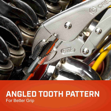 A close-up action shot of the Crescent curved jaw locking pliers biting into a threaded bolt, demonstrating the angled tooth pattern designed for maximum grip and torque.
