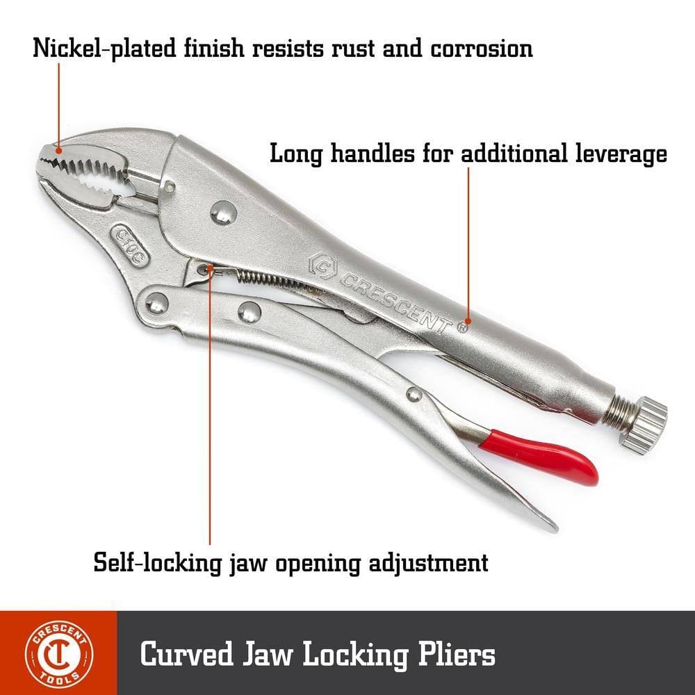 An informational feature callout diagram of the Crescent curved jaw locking pliers, highlighting the nickel-plated rust-resistant finish, long handles for additional leverage, and the self-locking jaw opening adjustment screw.