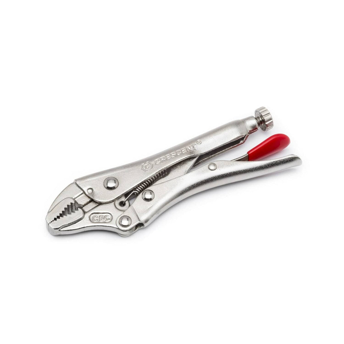 A detailed view of the small 5-inch Crescent curved jaw locking pliers, highlighting its compact narrow profile designed for professional use in tight and confined work spaces.