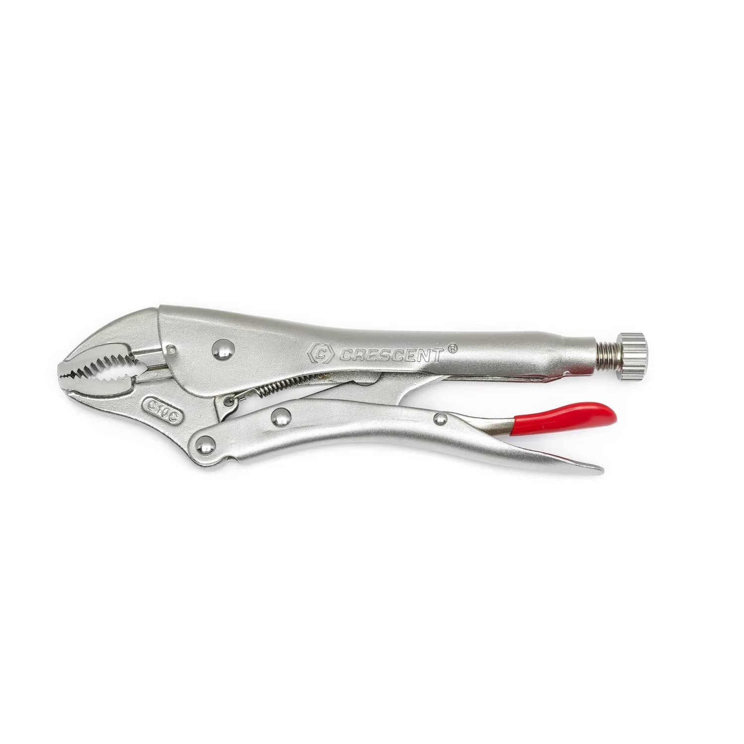 A profile view of the large 10-inch Crescent curved jaw locking pliers, emphasizing the rugged nickel-plated finish and the integrated wire cutter located at the base of the curved jaw.