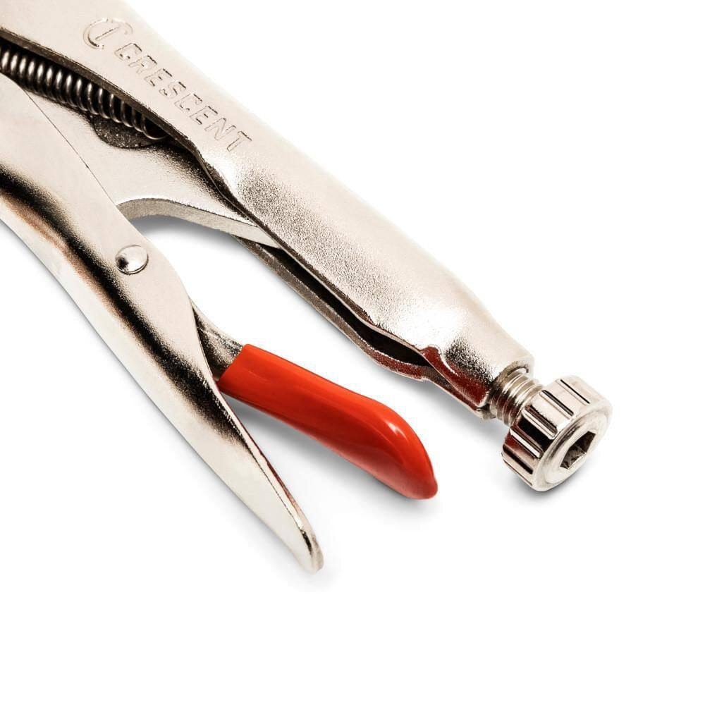 A detailed close-up of the knurled adjusting screw and red trigger release lever on the Crescent locking pliers, displaying the large hex key recess used to apply additional professional-grade tightening torque.