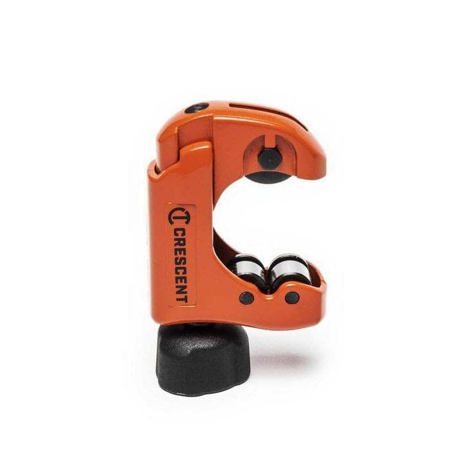 A professional product photograph of the Crescent CMPC118 1-1/8 inch metal pipe cutter featuring a heavy-duty orange cast metal body and a large black ergonomic adjustment knob.