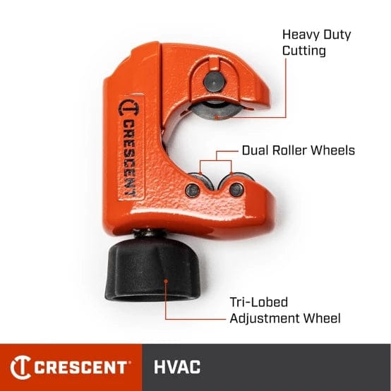 An informational product graphic for the Crescent pipe cutter highlighting key features including the hardened steel wheel for heavy duty cutting, dual roller wheels for stability, and a tri-lobed adjustment wheel for ergonomic control.