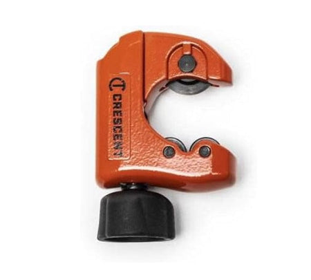 A high-resolution side profile of the Crescent metal pipe cutter showing the precision-machined cutting assembly and the dual roller system designed for perfectly square cuts on copper and aluminum tubing.