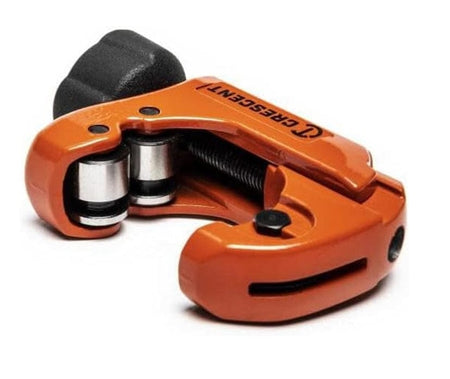 A bottom-up view of the Crescent metal pipe cutter showcasing the internal threaded adjustment mechanism and the dual roller wheels that ensure smooth rotation and precision cutting.