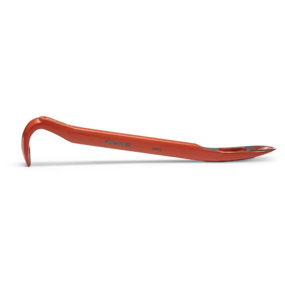 Full profile view of the Crescent CNP12 12-inch double end nail puller and pry bar demolition hand tool featuring a high visibility orange finish.