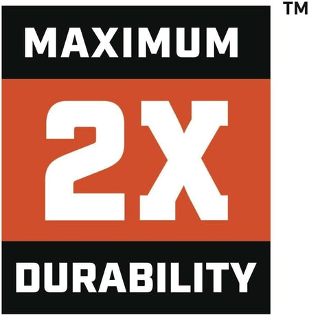 Maximum 2X durability graphic illustrating the long lasting, heavy duty forged steel construction of the Crescent 12-inch double end pry bar.