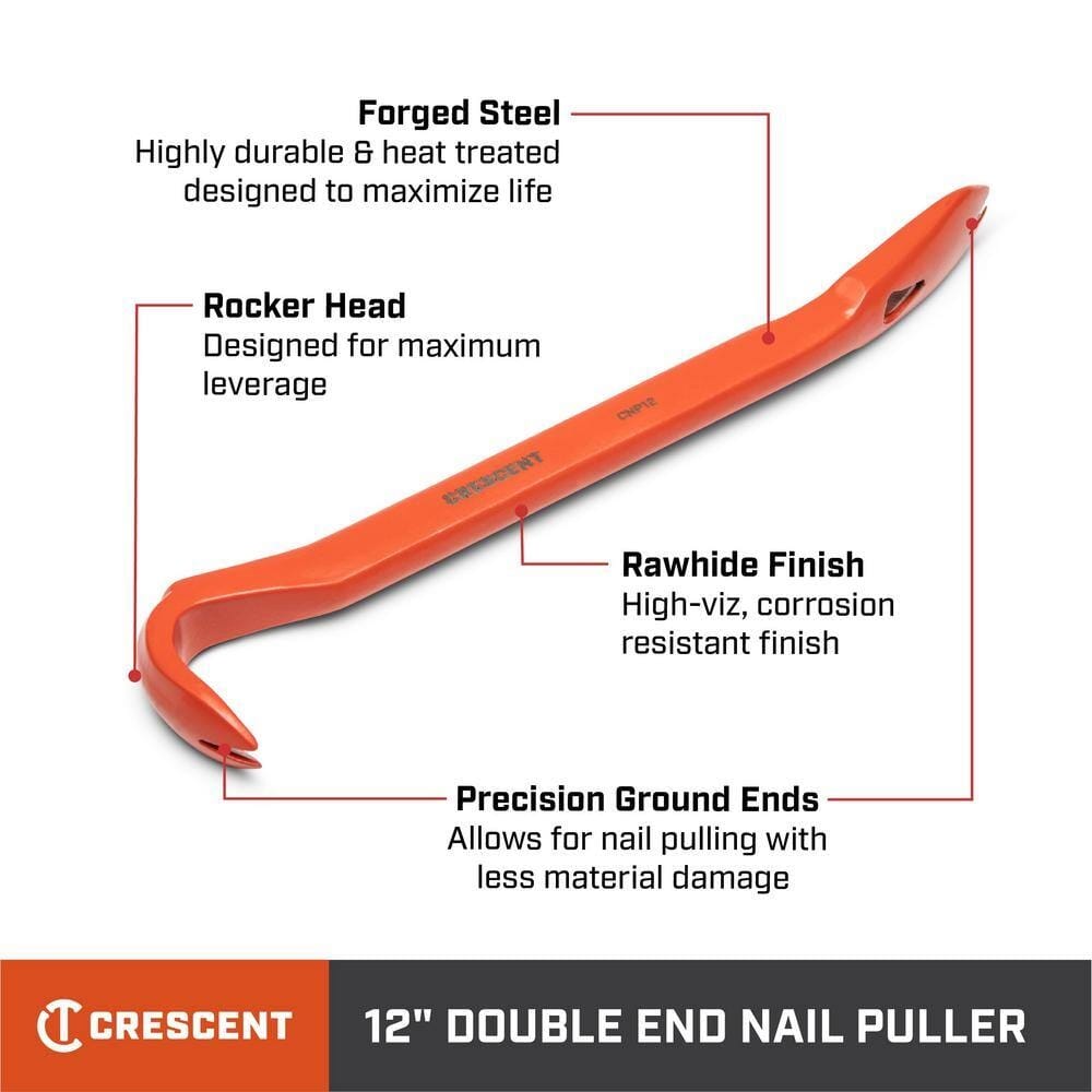 Infographic detailing key features of the Crescent 12-inch double end nail puller, including forged steel construction, rocker head for maximum leverage, corrosion-resistant finish, and precision ground edges.