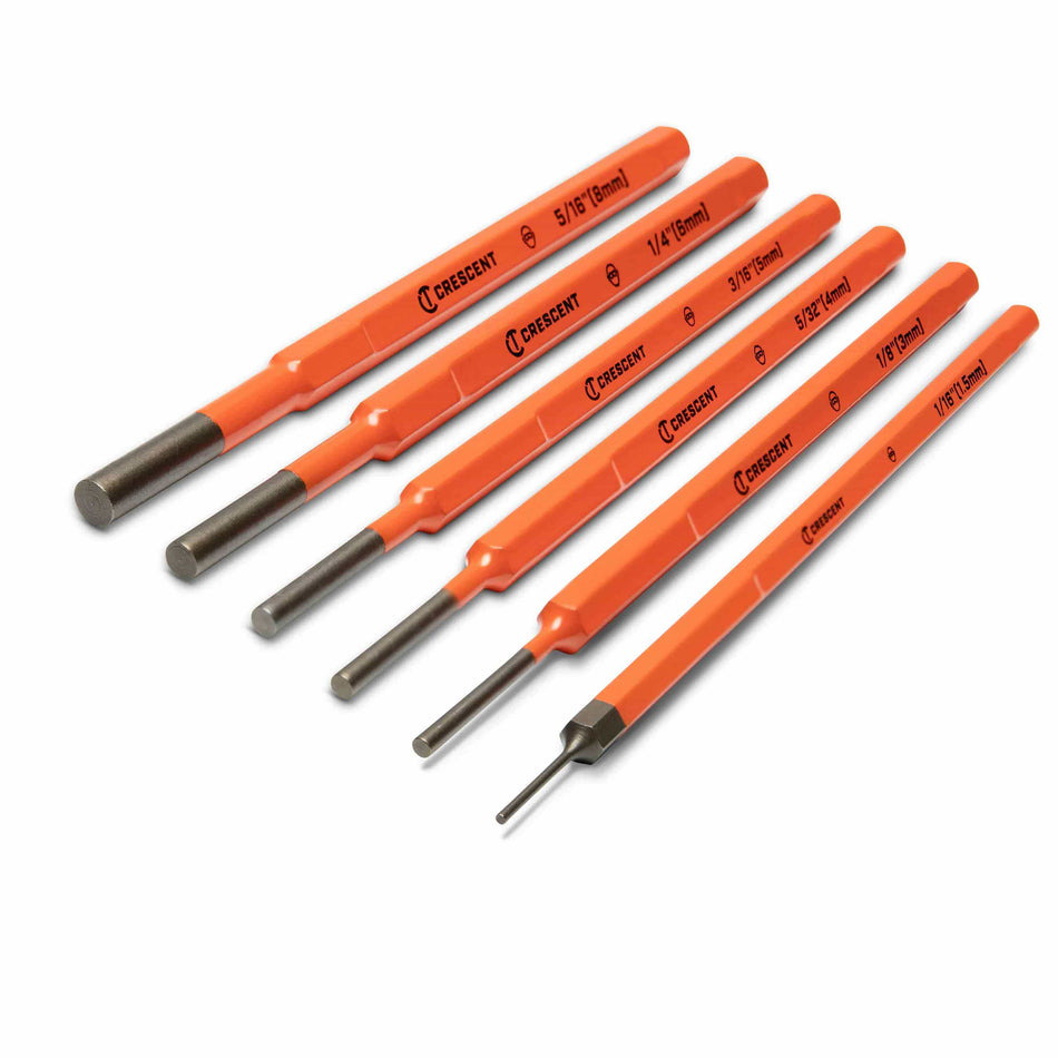 An isometric studio shot of the six-piece Crescent carbon steel pin punch set arranged by size, highlighting the forged and heat-treated construction designed for long tool life and safety.
