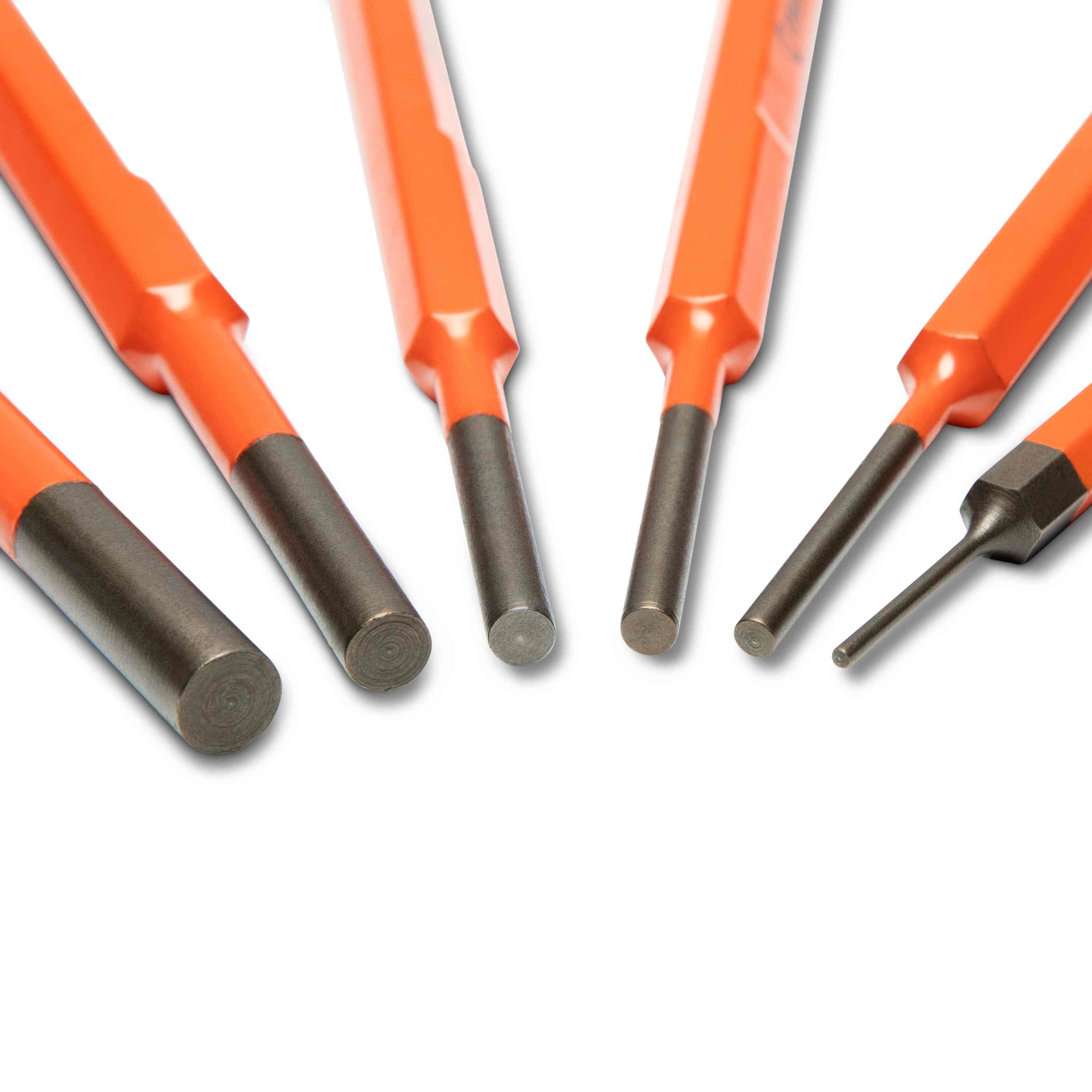 A high-resolution close-up of the six different tips in the Crescent pin punch set, showcasing the precision-forged carbon steel construction and various diameters for detailed industrial work.