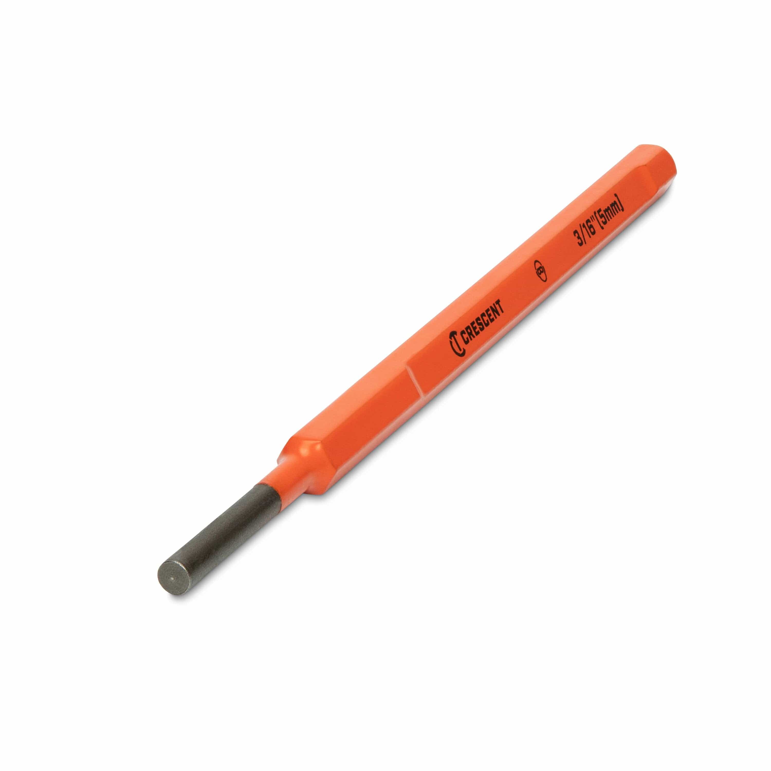 A studio photograph of a single 3/16-inch (5mm) Crescent pin punch, highlighting the high-visibility rawhide finish, bold size markings, and the extended length design for better access.
