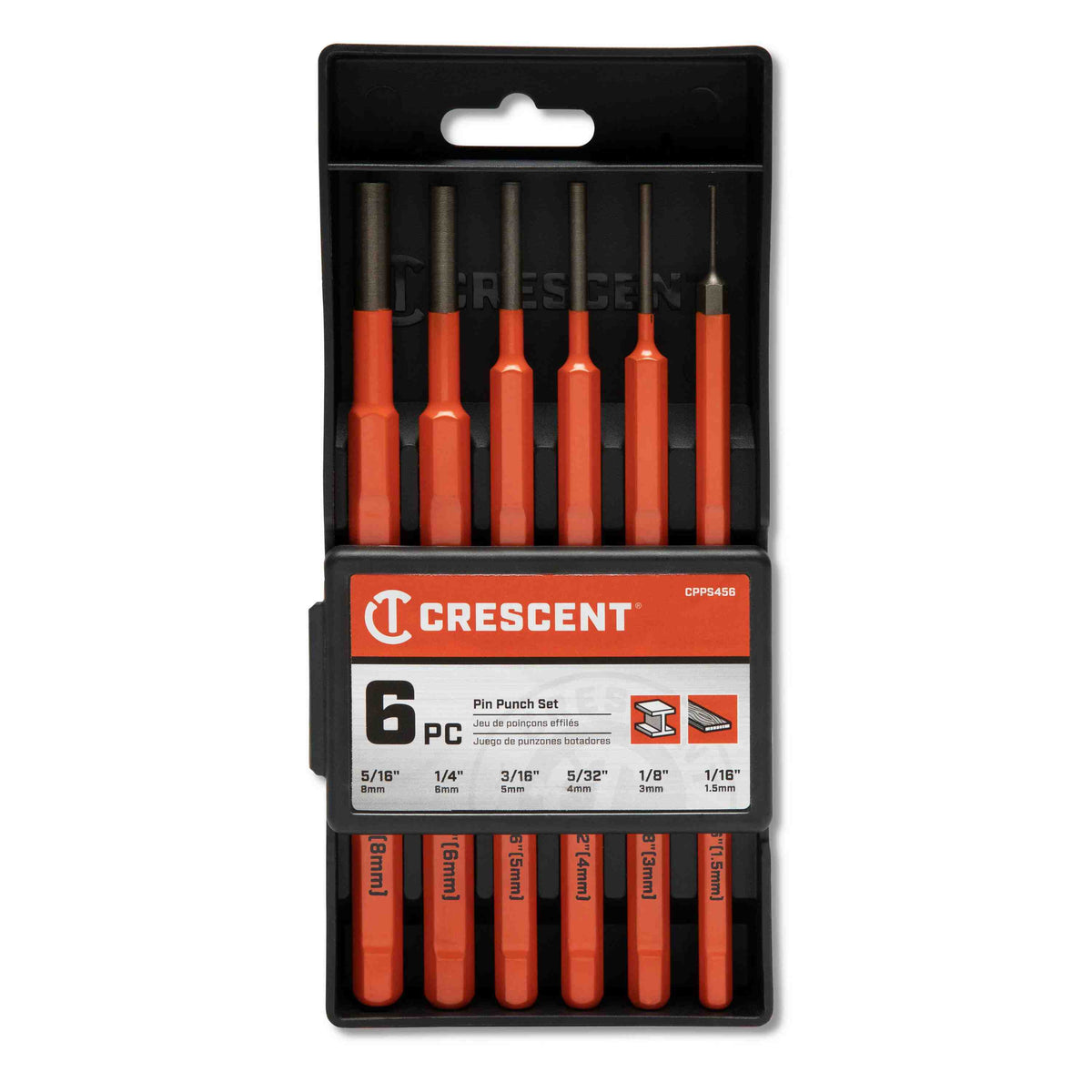 A professional product photograph of the Crescent 6-piece pin punch set organized in its black storage case, featuring sizes from 1/16-inch to 5/16-inch with extra-large hardened striking caps.